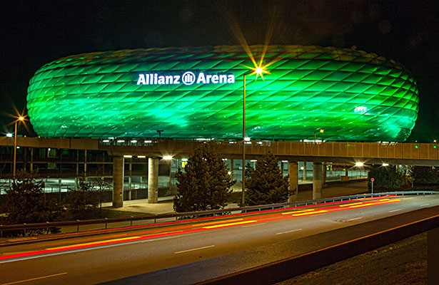 Famous buildings around the world are “greened” on St. Patrick’s Day, including the Allianz Arena. 