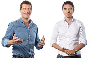 “Better planning thanks to better data.” Eldar Gizzatov, Gründer von FairFleet (im Bild rechts) and Bernd Scharrer, managing director of Allianz Digital Accelerator.