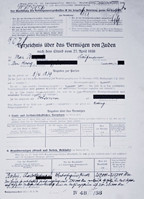 Formular zur Registrierung des Vermögens der jüdischen Bürger (1938) (Landesarchiv Berlin)
