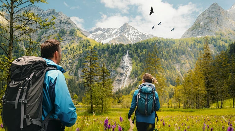 two hikers in summertime surroundings with green meadows and a waterfall, standing for a sustainable future