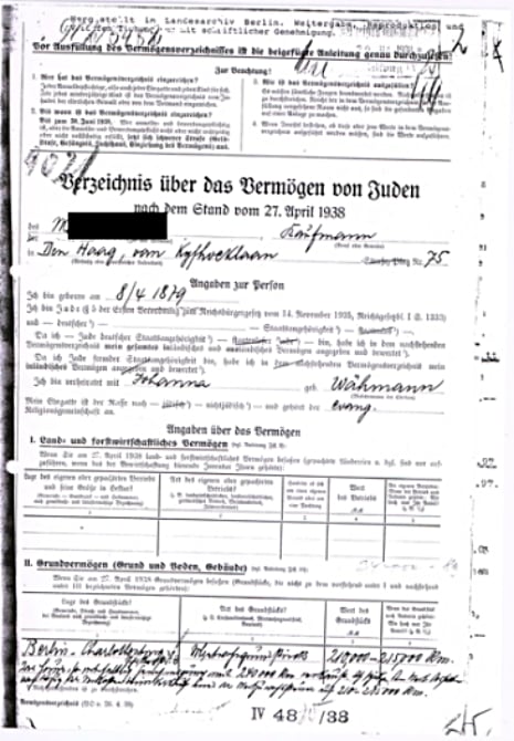 Formular zur Registrierung des Vermögens der jüdischen Bürger (1938) (Landesarchiv Berlin)