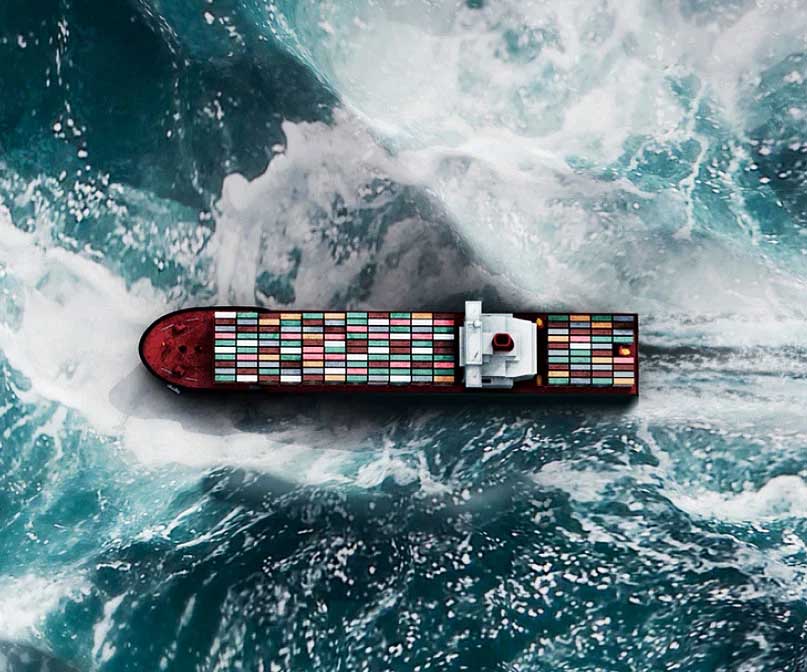  A cargo ship loaded with containers navigates through high seas, surrounded by powerful waves, serving as a metaphor for economic research navigating complex and turbulent markets, showcasing the resilience and adaptability required to thrive in challenging conditions.