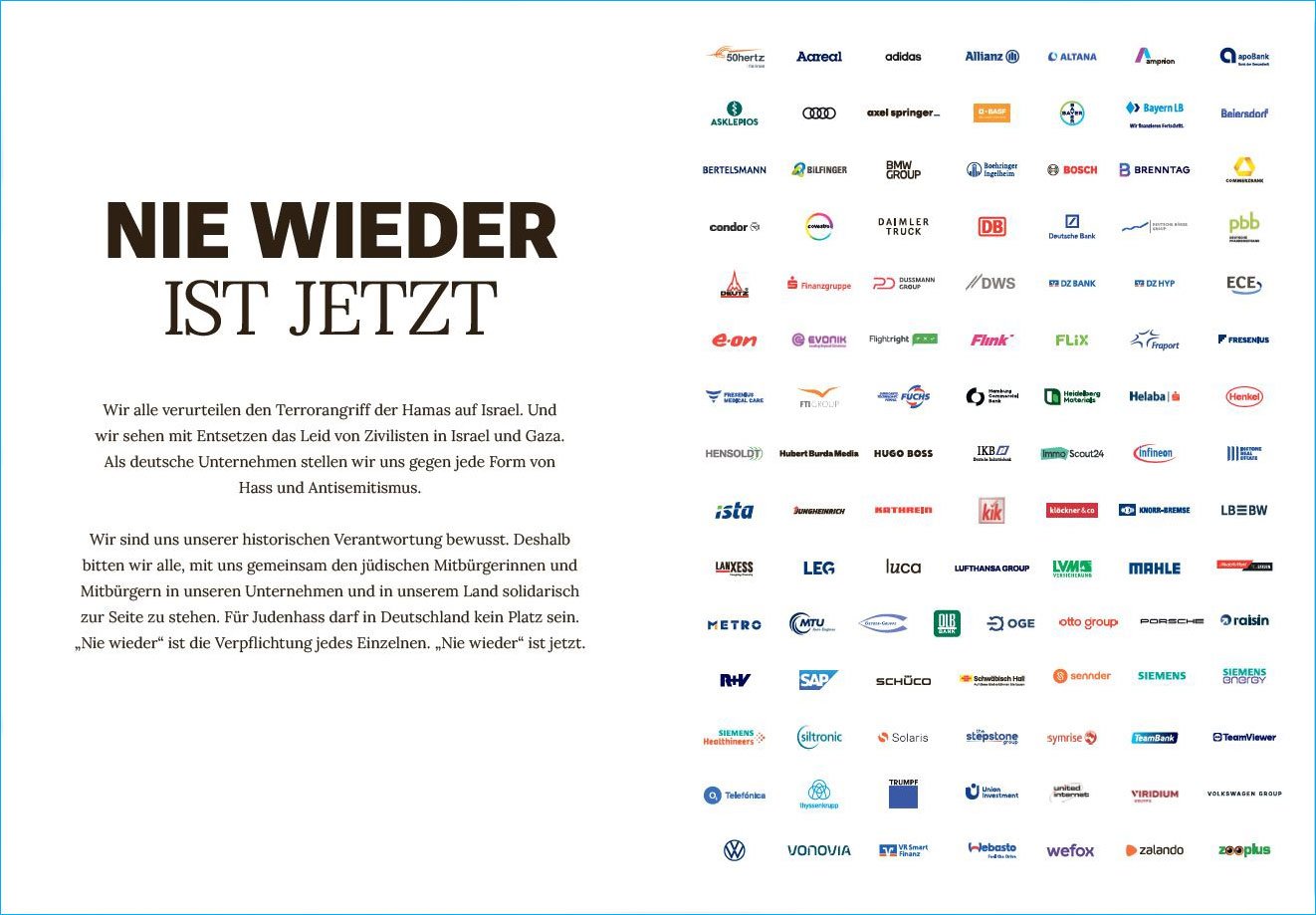 In a pledge published on October 22, 2023, Allianz joined other German companies in asking everyone to stand shoulder-to-shoulder with our fellow Jewish citizens, within our companies and across our country, in a spirit of solidarity.