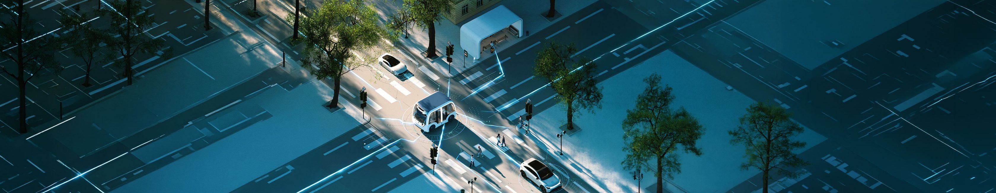 Vernetzte autonome Fahrzeuge und Shuttle im intelligenten Stadtverkehr.