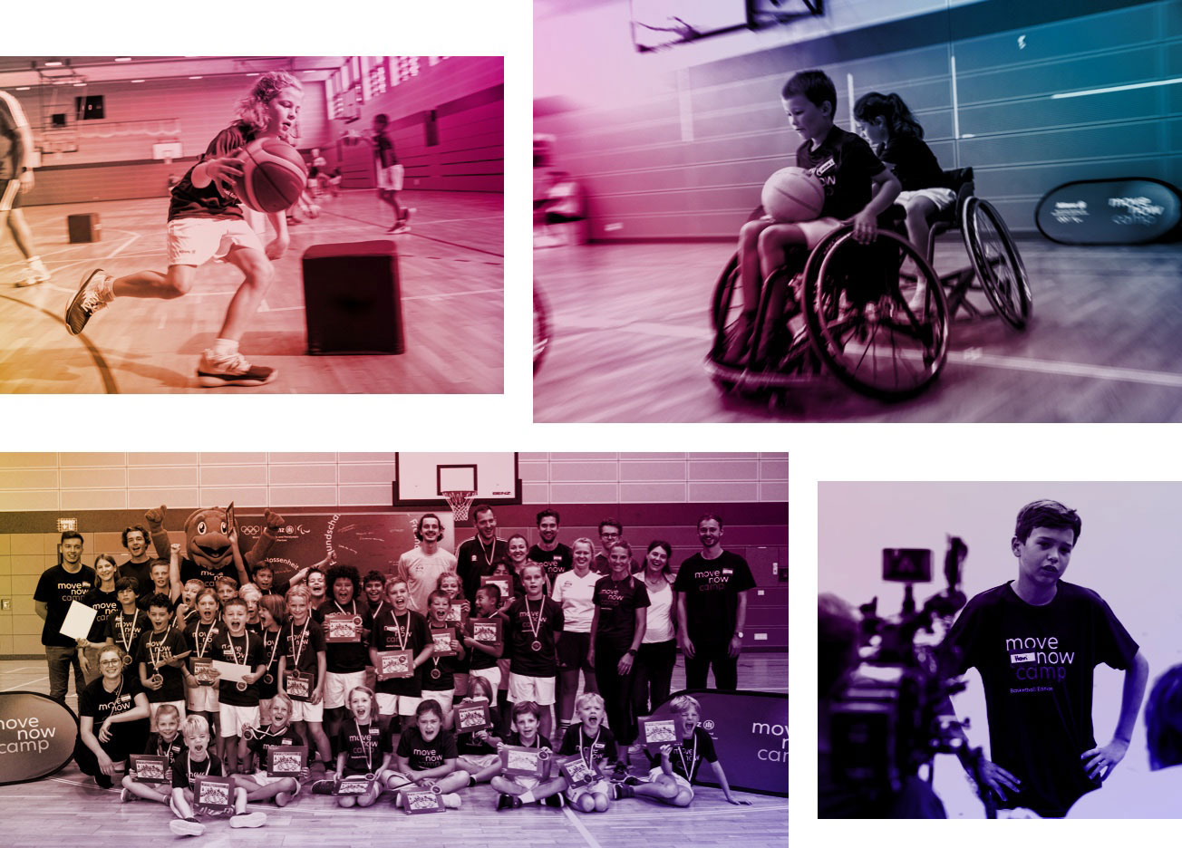 Impressions from the Basketball MoveNow camp: Children (also with wheelchairs) are playing, action, good vibes