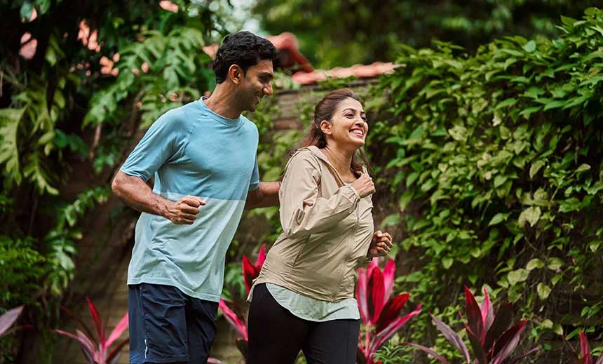 Couple running and talking