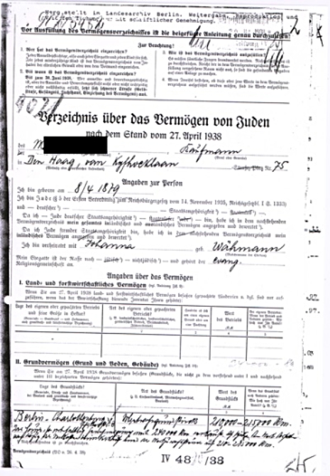 Formular zur Registrierung des Vermögens der jüdischen Bürger (1938) (Landesarchiv Berlin)