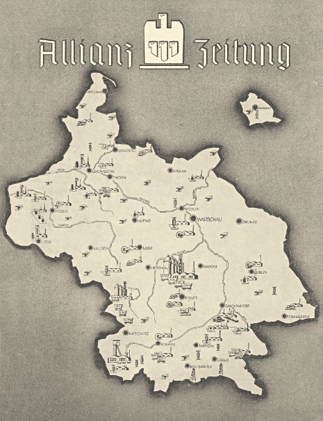 Titelbild der "Allianz Zeitung" zum Kriegsbeginn 1939 mit einer Karte der vom Deutschen Reich besetzten Gebiete Polens.