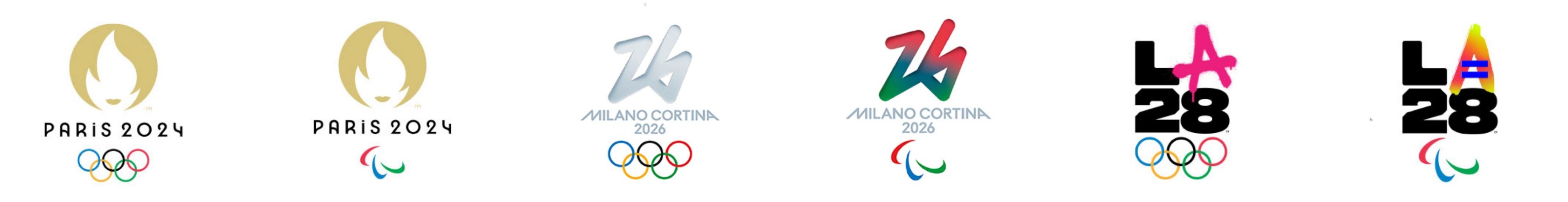 Six Olympic and Paralympic Movements logos: Paris 2024, Milano Cortina 2026, LA 2028