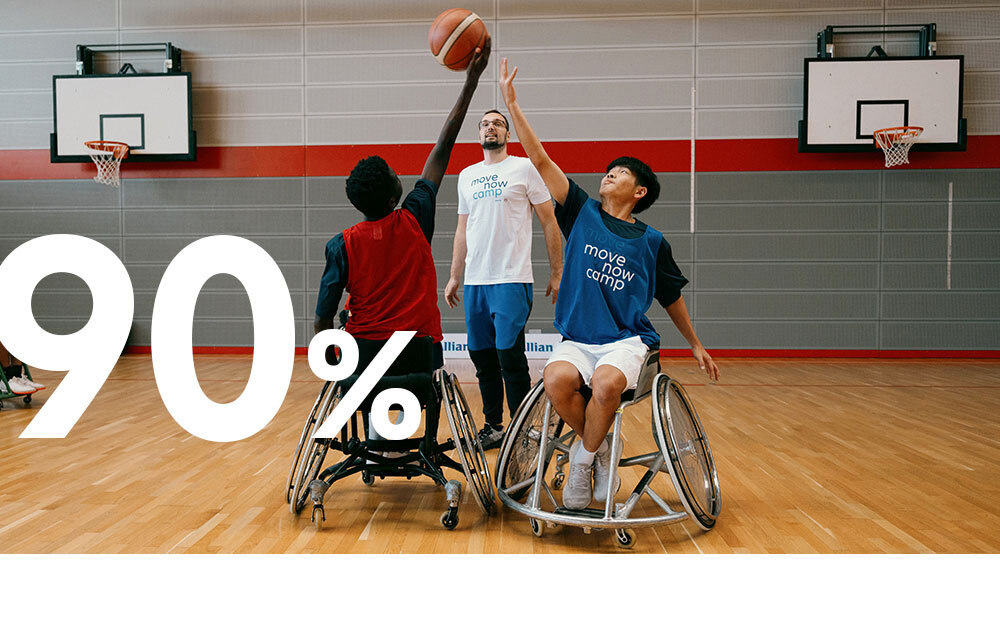 Boy holding up his arms while playing in the gym, figure 90%.
