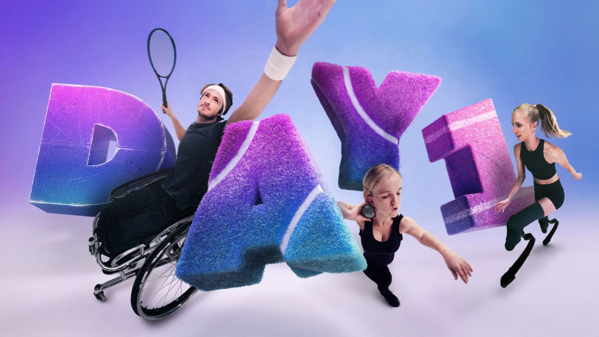 Collage showing three para athletes arranged around large letters "Day 1"