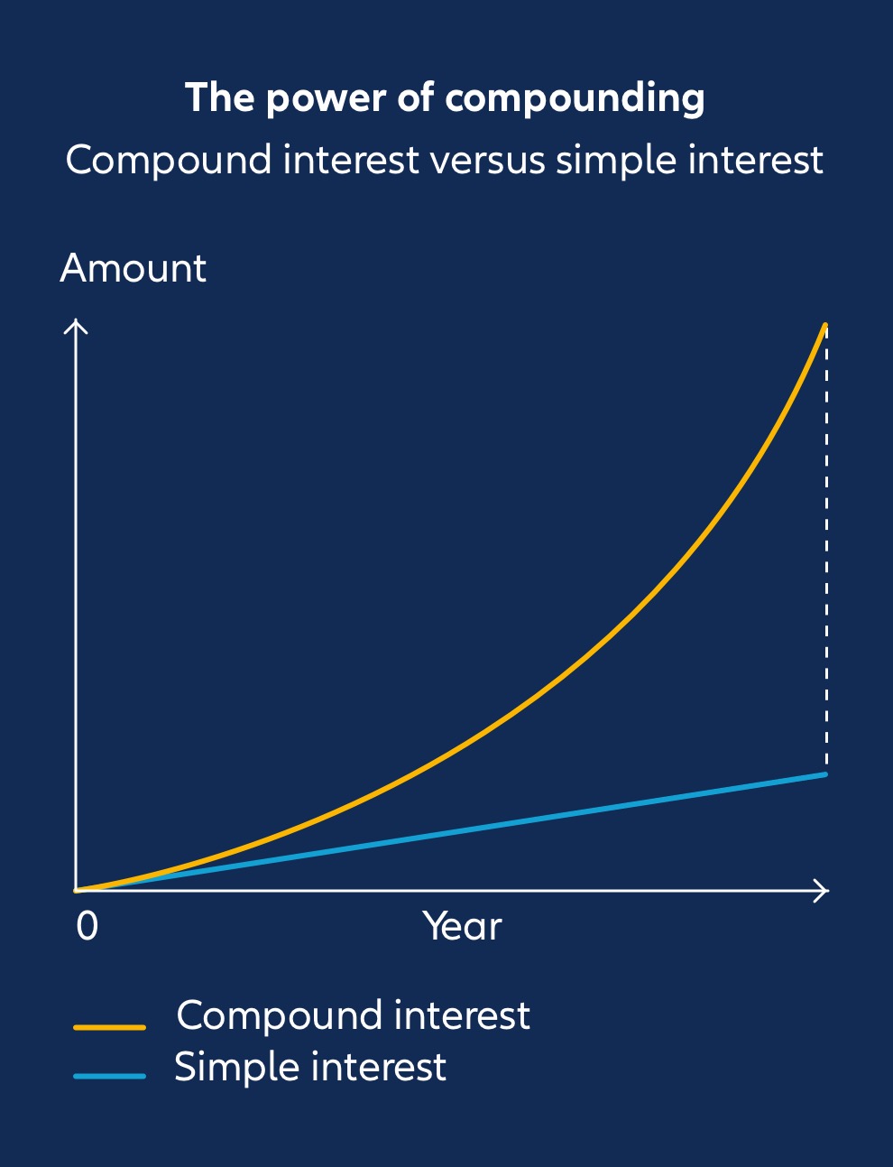 Infographic The power of compound interest, compound interest versus simple interest. Amount on y-axis, year on x-axis. Result: When compound interest is used, the amount rises steadily, while with simple interest the curve remains at the bottom over the years.