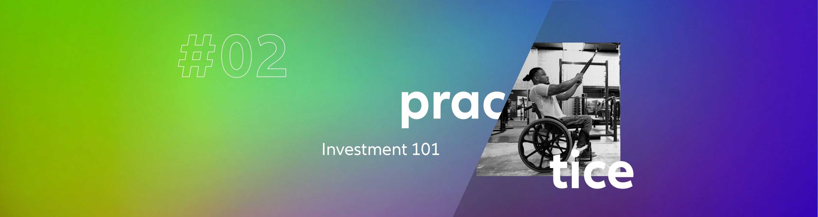 Para-athlete, colored is practising in heelchair in a fitness hall, headline saying 02 practise – Investment 101 