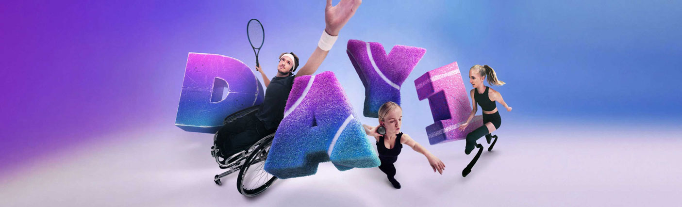 Collage showing three para athletes arranged around large letters "Day 1"