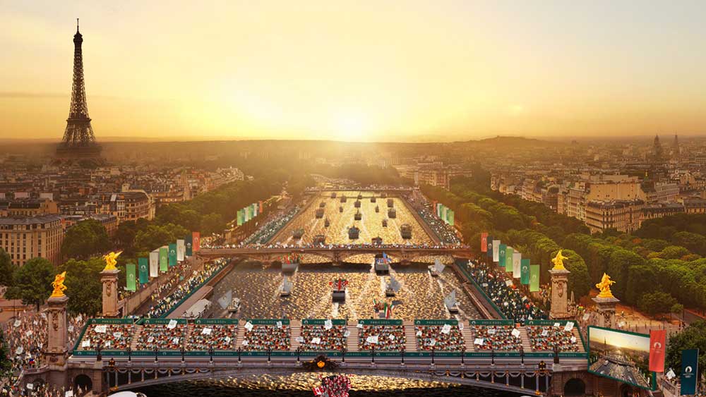 A view of the Olympic event happening across the bridge on the Seine River and Eiffel Tower in the background