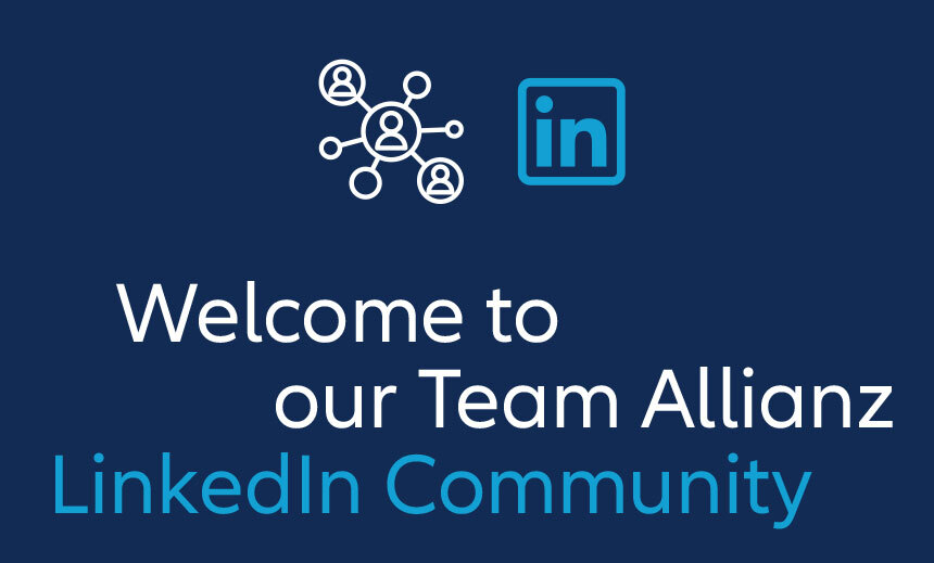 Letters with LinkedIn logo and a connection icon saying: "Welcome to our Team Allianz Linkedin Community"