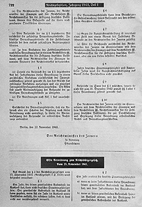 The 11th ordinance on the Reich Citizenship Law of November 1941. It provided the legal basis for expropriating the assets of deported Jews. (Reichsgesetzblatt)