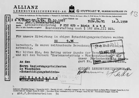 For restitution procedures Allianz calculated the actual value of a life insurance policy which had been confiscated by the National Socialist state. For this service it received a reimbursement from the state.