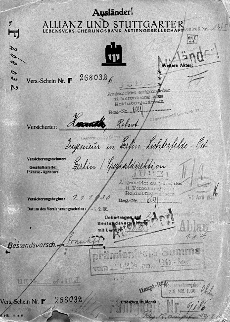 Cover page of an Allianz Leben life insurance policy belonging to a Jewish customer.