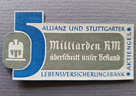 Advertisement of Allianz Leben (Allianz Life Insurance): The number five (in blue) refers to the fact that in 1938 the entire insurance sum of its policies reached the value of 5 billion Reichsmarks.