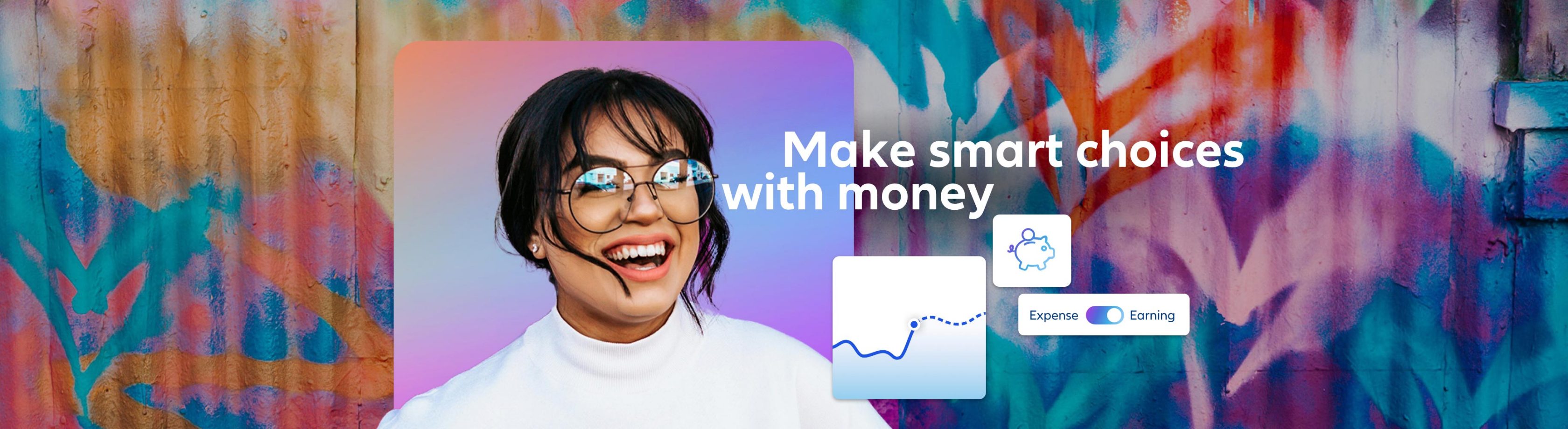 Collage of colorful elements with a young woman looking happily about her financial future and the financial planning in order to make smart choices with money 