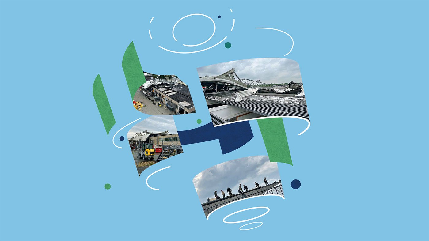 collage of damage images arranged in a wirlwind form