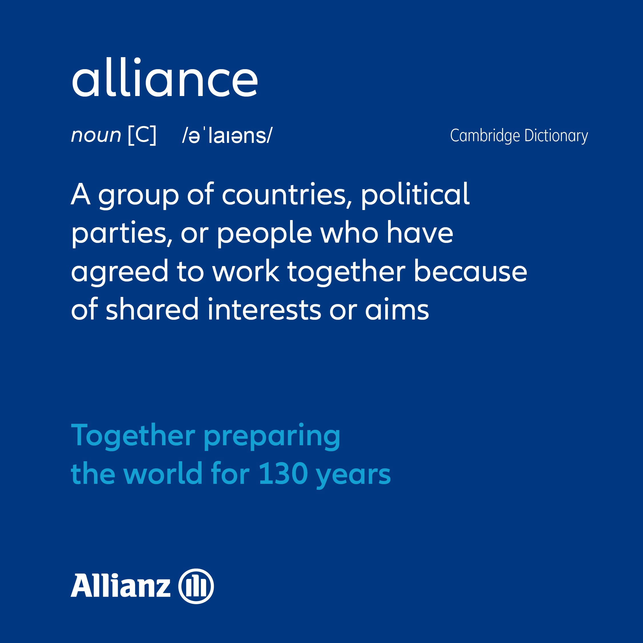 Definition of "alliance": A group of countries, political parties, or people who have agreed to work together because of shared interests or aims.