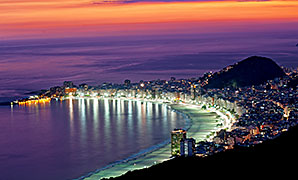 Copacabana Beach, one of the most famous districts of Rio de Janeiro, by night.