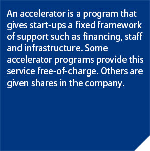 An accelerator is a program that gives start-ups a fixed framework of support such as financing, staff and infrastructure. Some accelerator programs provide this service free-of-charge. Others are given shares in the company.