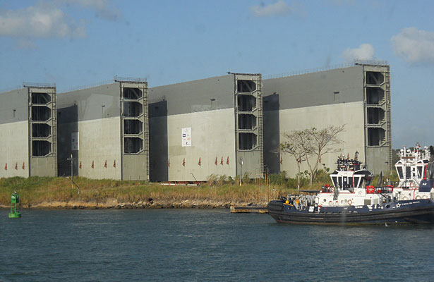 New lock gates for the expanded Panama Canal. The Panama Canal Authority is investing heavily in training for its operatives who will handle larger ships during transits.